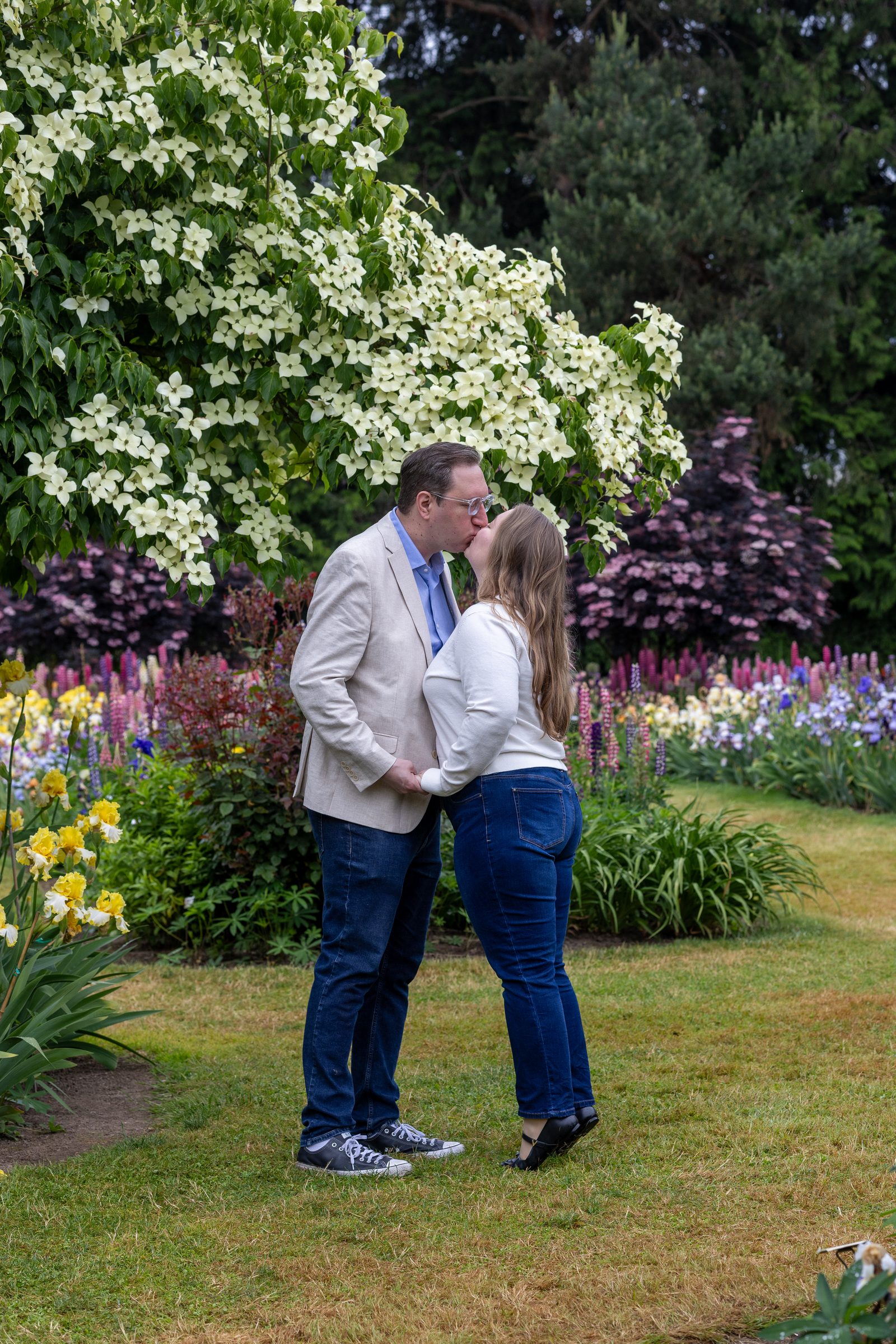 Rachel and Daniel kissing under a dogwood tree