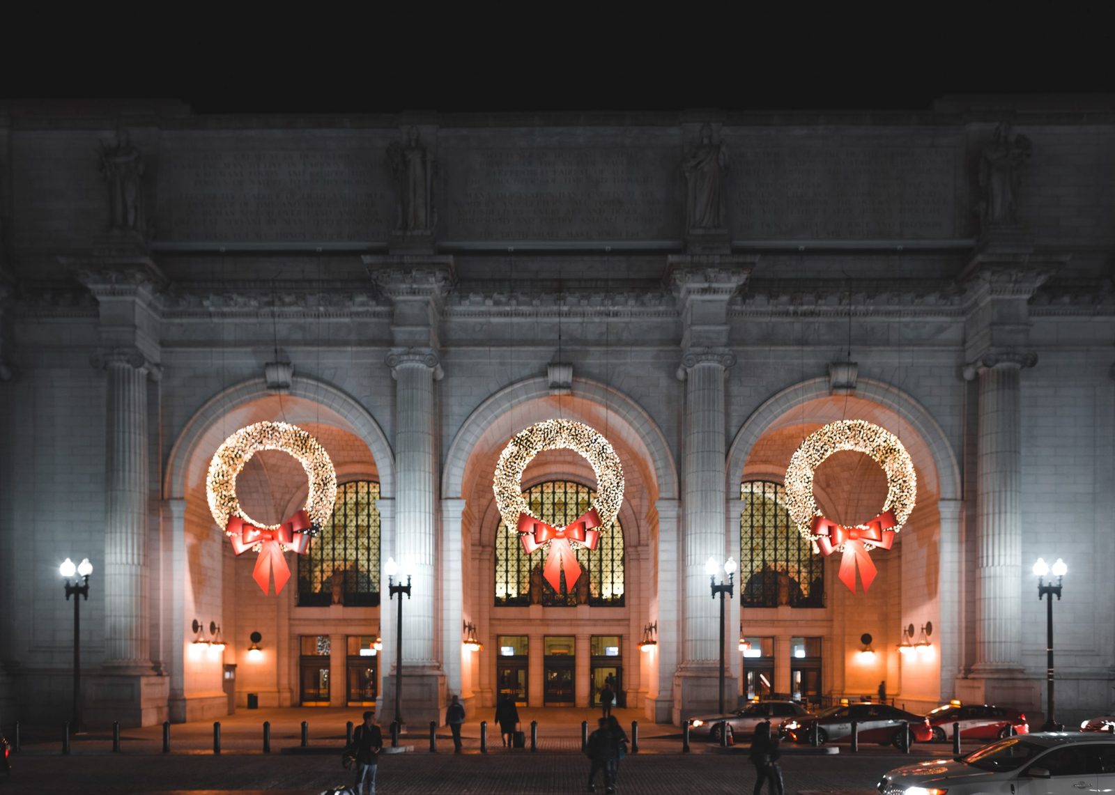 Union Station decorated with holiday wreaths